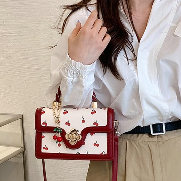 Chic Vegan Leather Crossbody Bag with Cherry Pattern - Stylish Satchel Tote - Picture 3 of 7